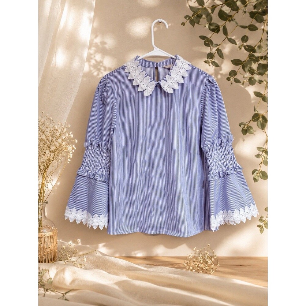 Ted Baker London Stripe Lace Peter Pan Collar Bell Sleeve Blouse Top Size 4 NEW